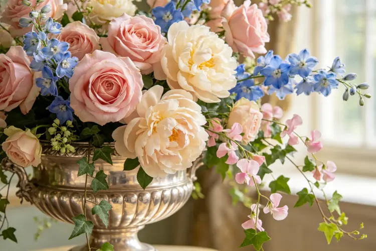 Close-up of Bridgerton style floral arrangement with garden roses peonies and trailing greenery