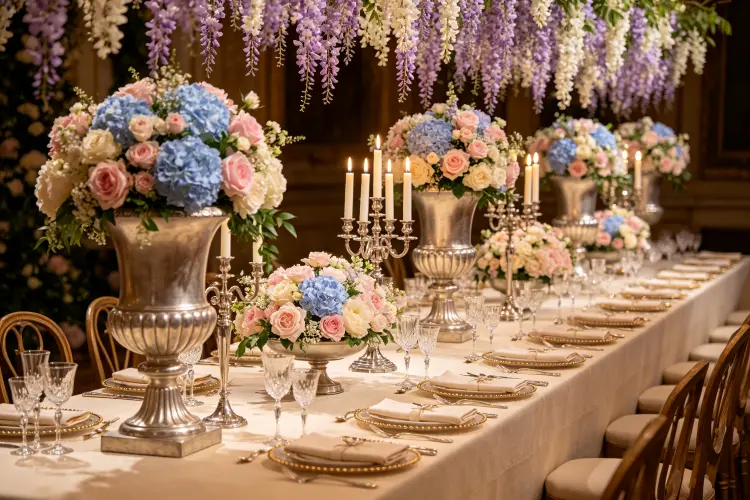 Bridgerton style wedding reception tablescape with floral urns candelabras and pastel flowers