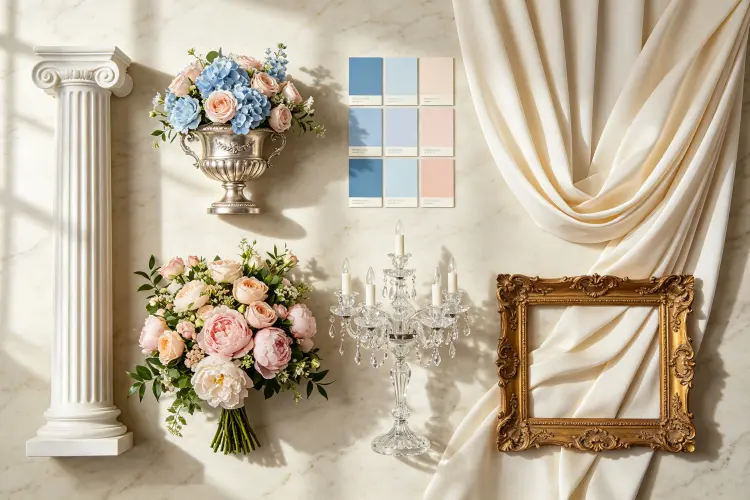 Seven core elements of Bridgerton wedding decor columns urns florals pastels crystal draping