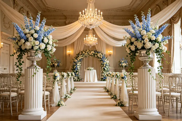 Bridgerton style wedding ceremony with floral columns urns and pastel regency decor