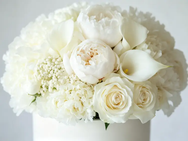 Close-up of monochrome white floral arrangement showing texture variety roses peonies calla lilies
