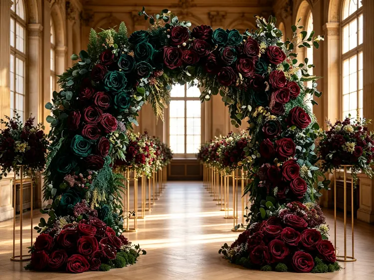 Jewel tone wedding ceremony with emerald green burgundy and gold floral decor luxury