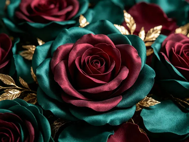 Close-up of jewel tone artificial flowers showing petal depth color saturation emerald burgundy
