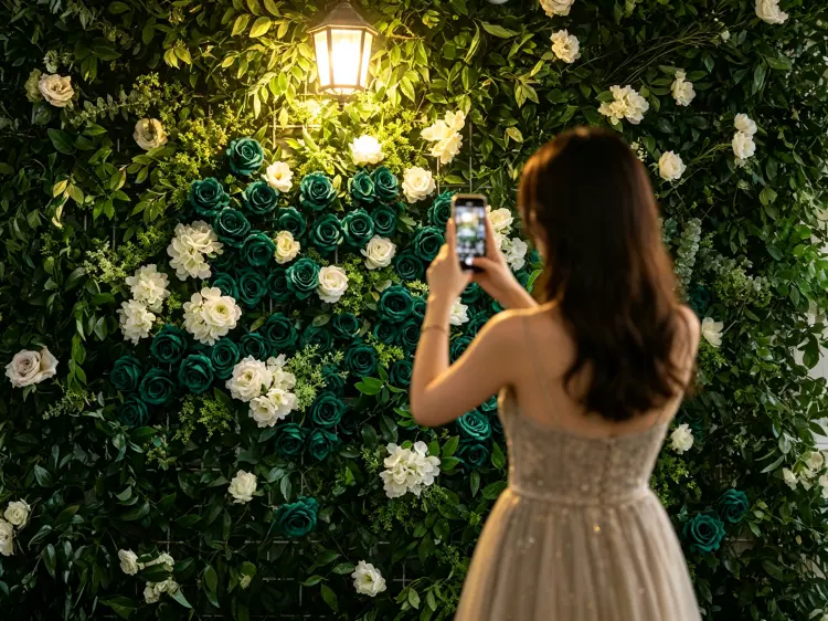 Photo ready floral installation with guests taking photos Instagram worthy wedding backdrop