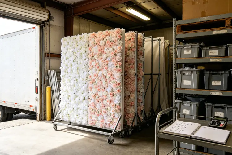 Event rental warehouse with flower wall panels on rolling racks, open notebook with handwritten numbers and calculator on metal shelf