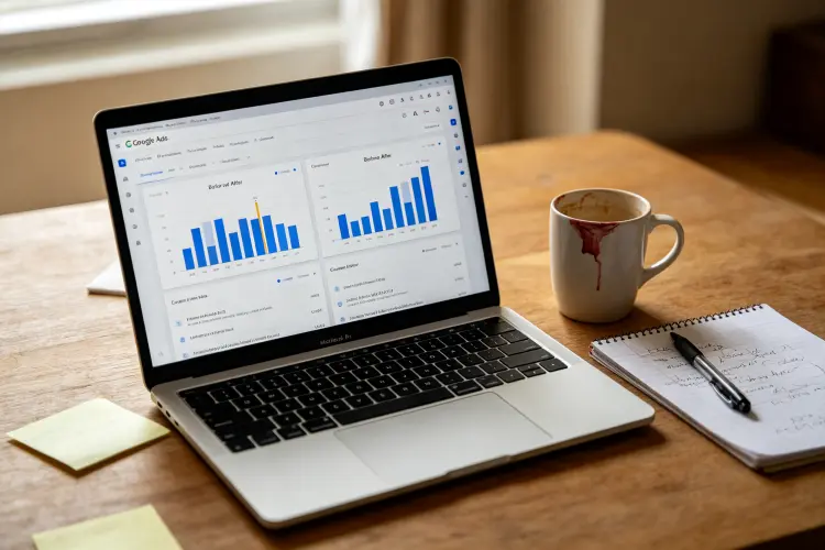 Laptop on wooden desk showing Google Ads dashboard with before and after data for wedding rental campaign
