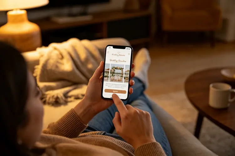 Person using smartphone to browse wedding rental website on couch, thumb about to tap quote button