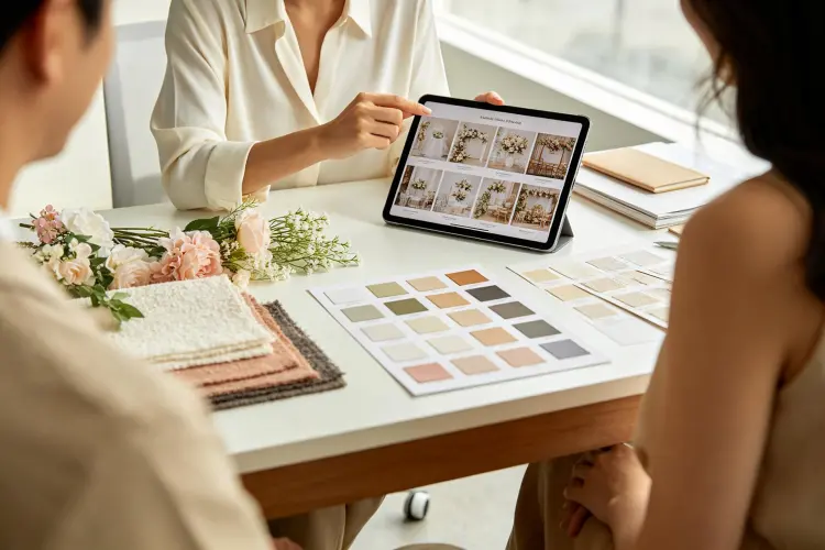 Event rental business owner at desk showing wedding decor package options on tablet to engaged couple, consultation meeting with floral samples on table