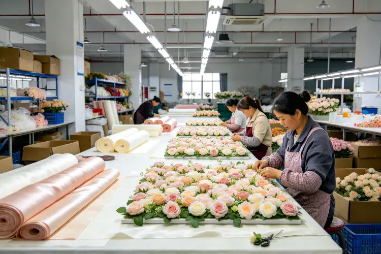 Modern Chinese factory production floor, workers assembling artificial flower wall panels on a long table, rolls of fabric and silk flowers in background, industrial lighting