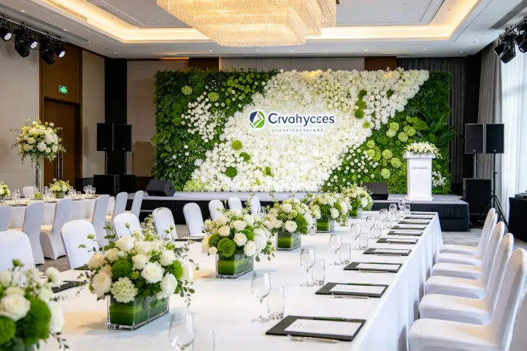 Elegant corporate conference table with floral centerpieces and branded stage backdrop