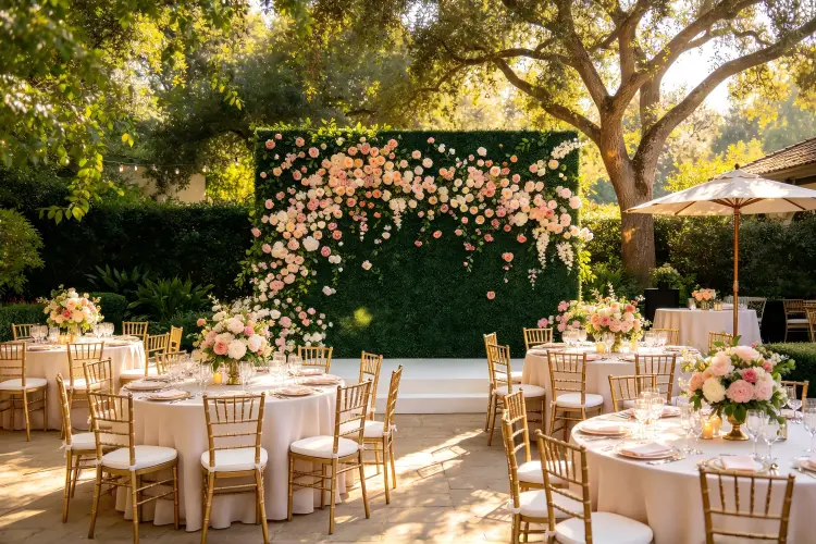 Outdoor garden wedding with artificial flower wall backdrop under natural sunlight