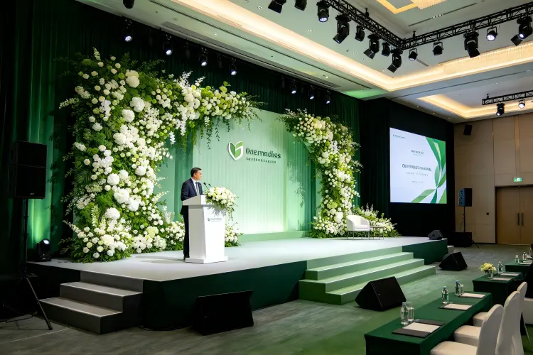 Conference stage with flower wall backdrop framing keynote speaker