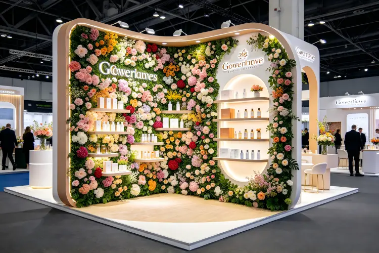 Trade show booth with branded flower wall backdrop and product display