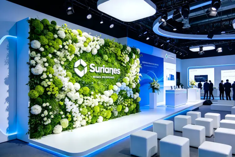 Custom brand colored flower wall at product launch event with company logo