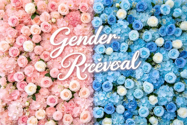 Gender reveal flower wall with pink and blue flowers split design