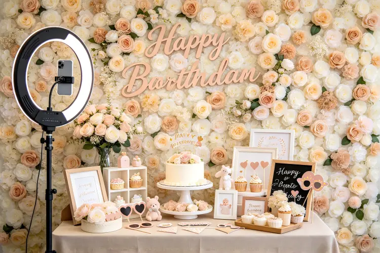 Baby shower photo booth with flower wall backdrop and Oh Baby sign