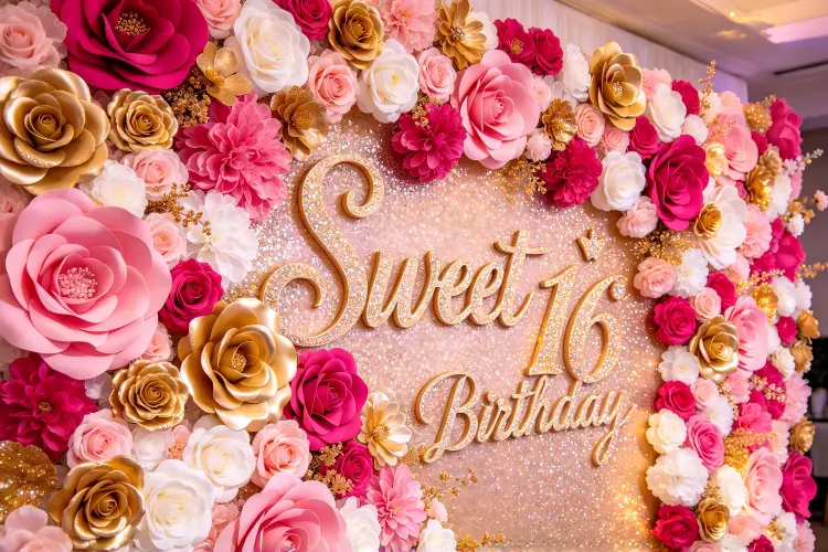 50th birthday luxury flower wall with gold ivory burgundy royal theme
