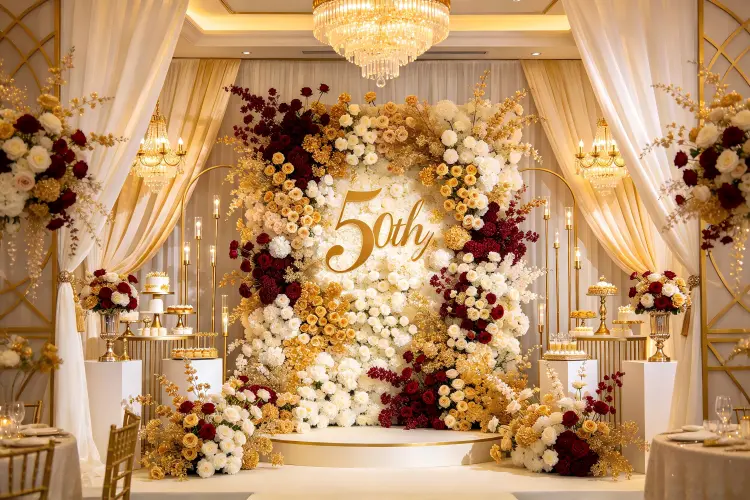 30th birthday celebration with black and gold flower wall glamorous setup