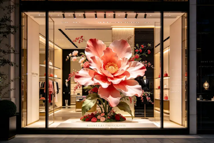Retail store entrance with floral arch arrangement welcoming customers