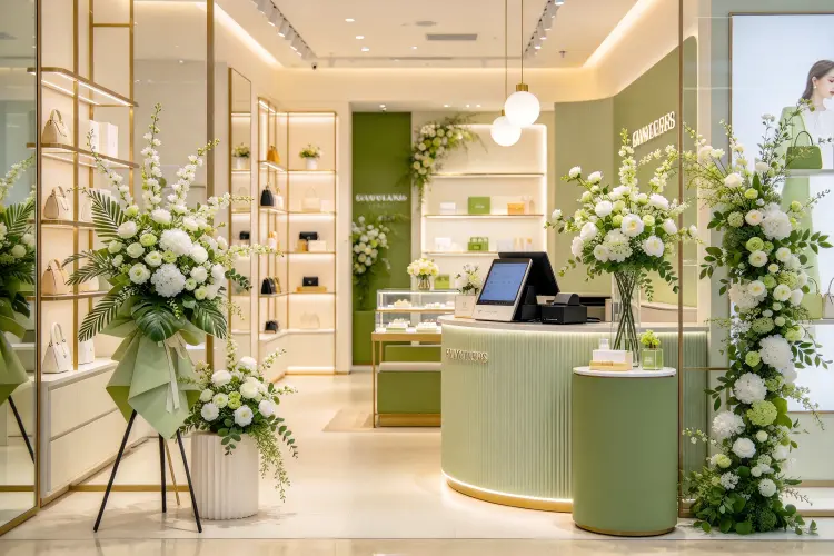 Retail store window display with artificial flower arrangements attracting customers