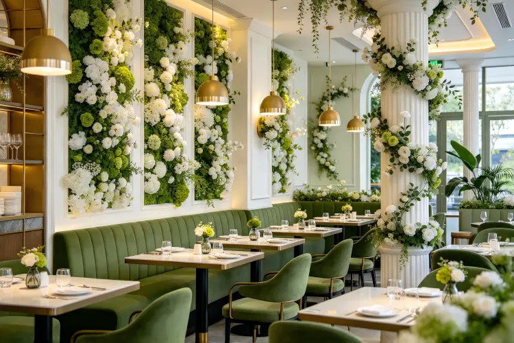 Restaurant entrance with permanent artificial flower wall design welcoming guests