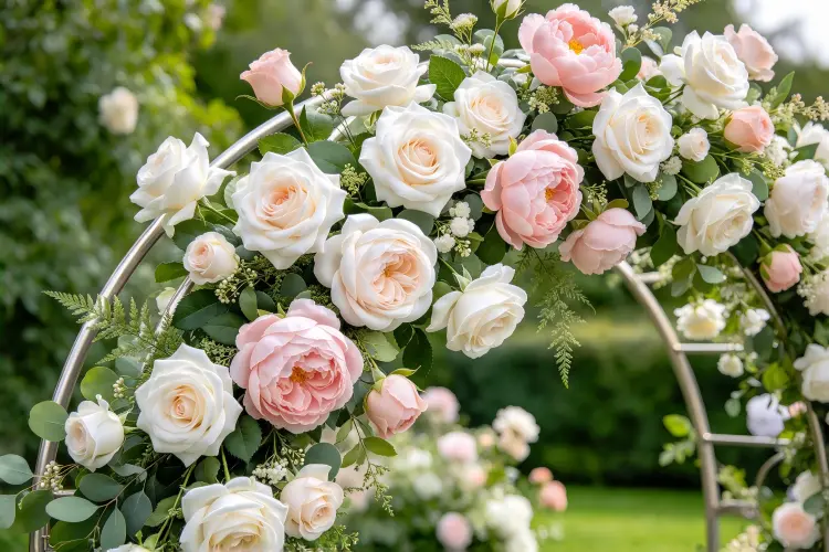 Wedding ceremony backdrop wall with draping and floral panel design