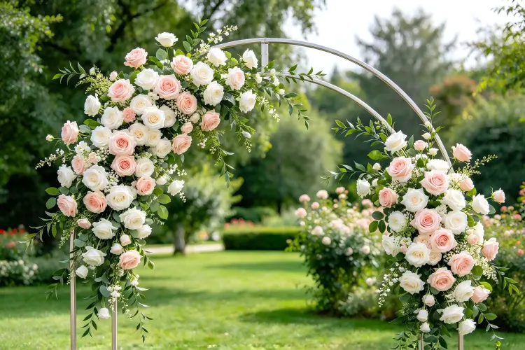 Wedding arch size proportion guide with couple standing inside standard arch