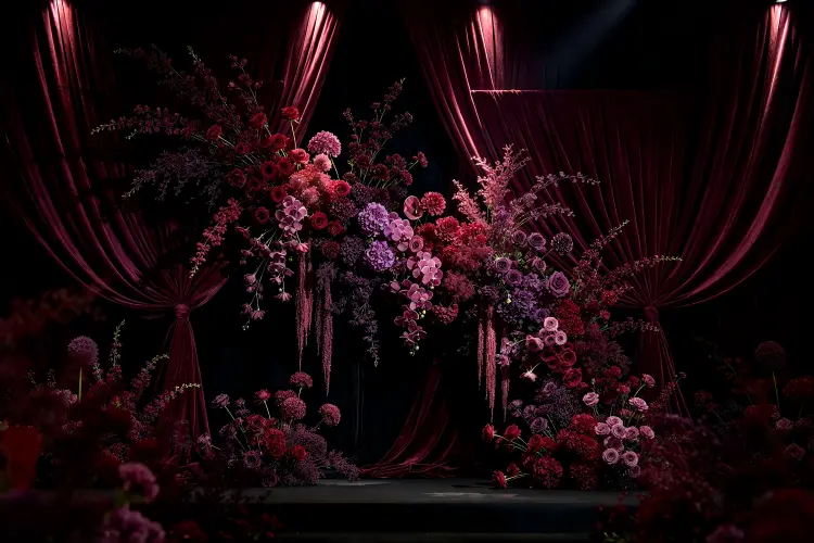 Moody luxury wedding ceremony with dark floral arch and candlelight