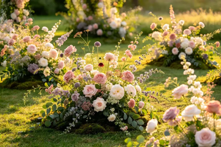 Organic meadow wedding ceremony with wildflower arch and ground floral installations