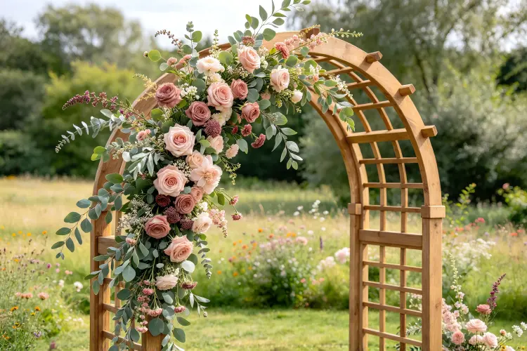 Meadow half arch with wildflowers cascading from one side natural installation