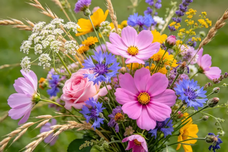 Wildflower meadow bouquet with cosmos cornflowers and Queen Anne's lace close-up