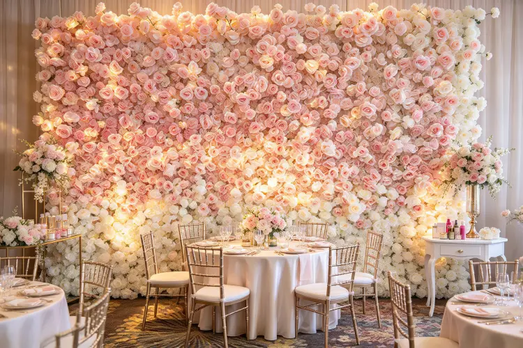 Premium flower wall installation at wedding venue with dense realistic flowers
