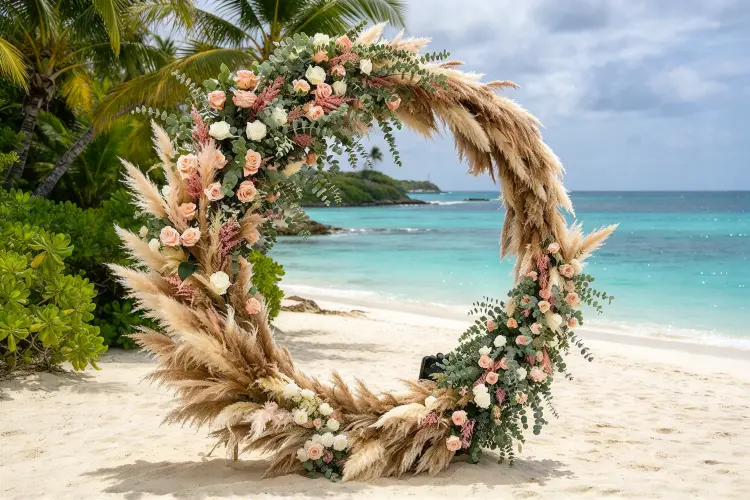 Destination wedding floral decor at beach venue with silk flowers and arch