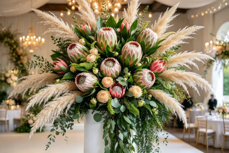 2026 sculptural artificial flower trend with oversized protea and ranunculus arrangement