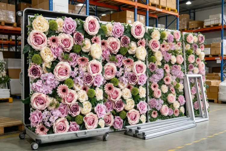 Modular artificial flower wall panels packed flat in travel cases ready for destination wedding