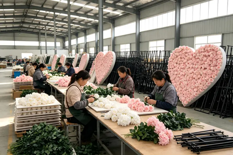 artificial flower factory manufacturing heart shaped wall