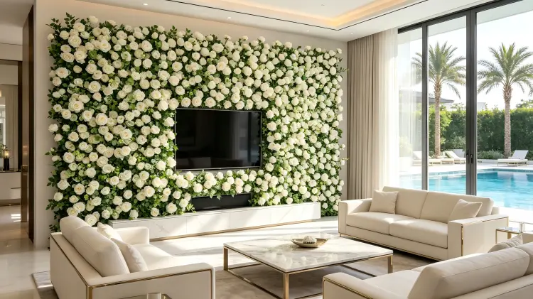 luxury mansion living room with artificial flower accent wall