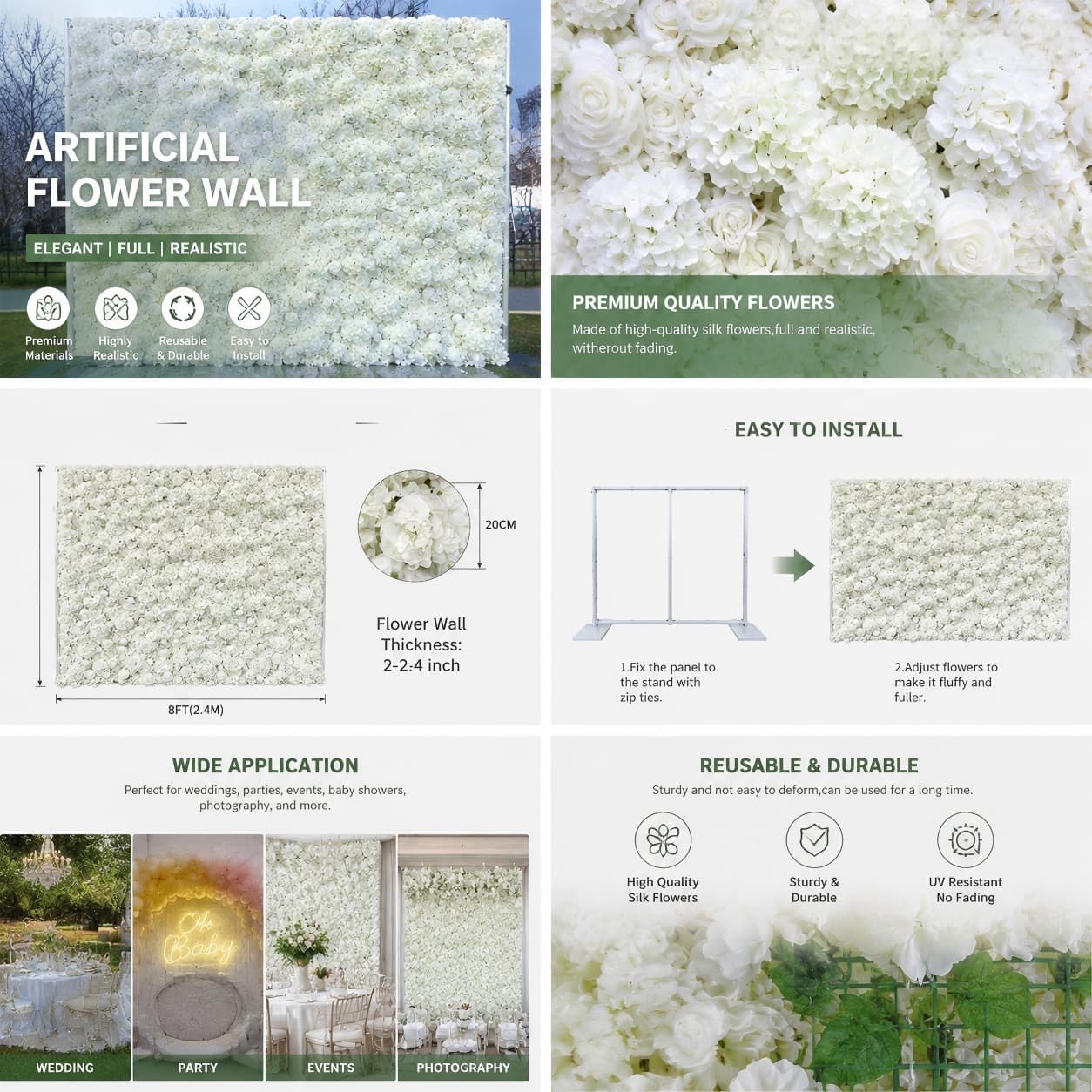 White Flower Wall Decor – Artificial Flower Wall Backdrop with Stand